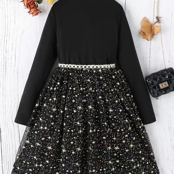 Girls Dress Girls Long Sleeve Mesh Hem Dress With Star Print Kids Clothes/black - Picture 2 of 6